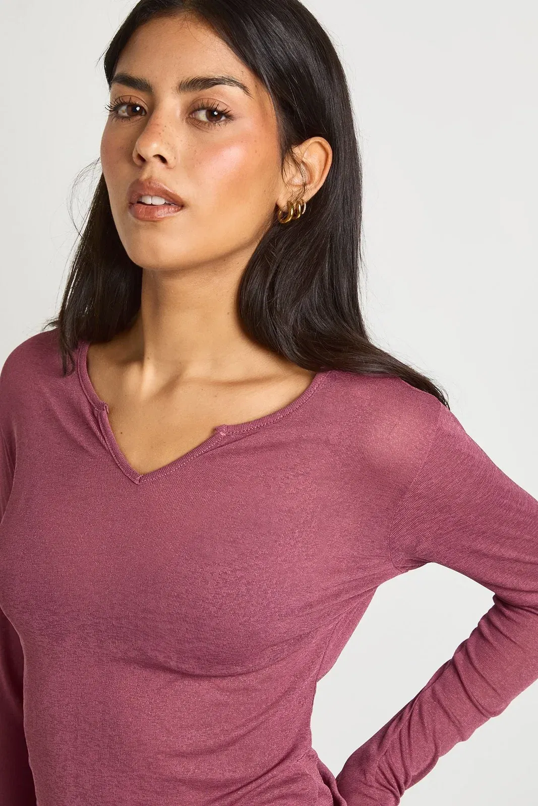 Textured Mesh V Neck Front Long Sleeve Top