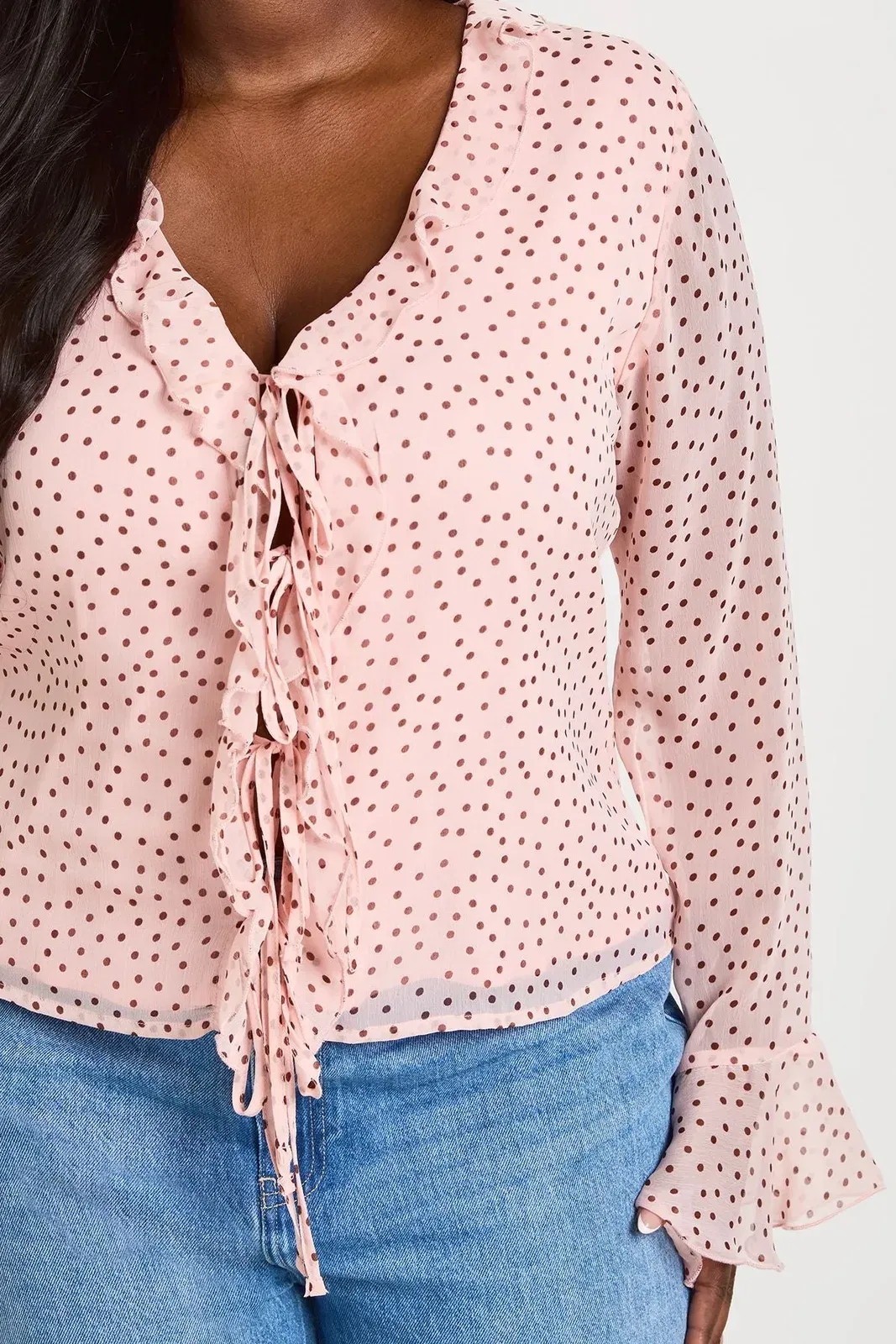 Plus Polka Dot Chiffon Ruffle Blouse