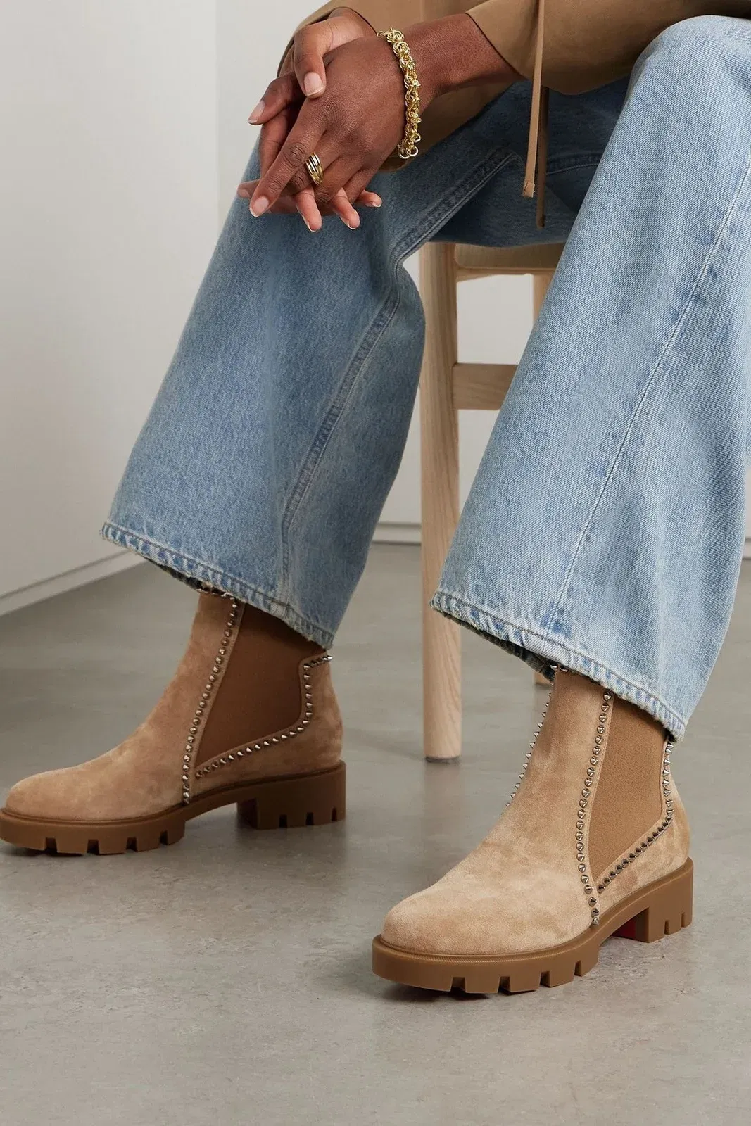 Christian Louboutin Out Lina 40 Spiked Suede Chelsea Boots Sand Women's