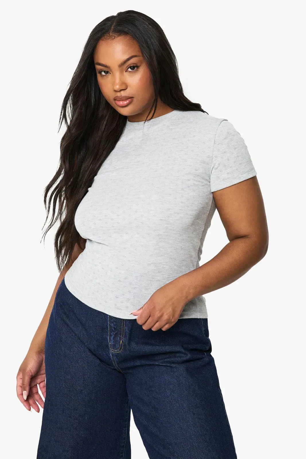 Plus Pointelle Short Sleeve Fitted Top