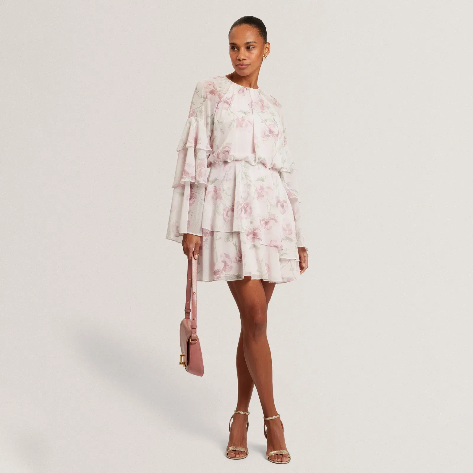 Ted Baker Rose Print Frilled Long Sleeve Mini Dress