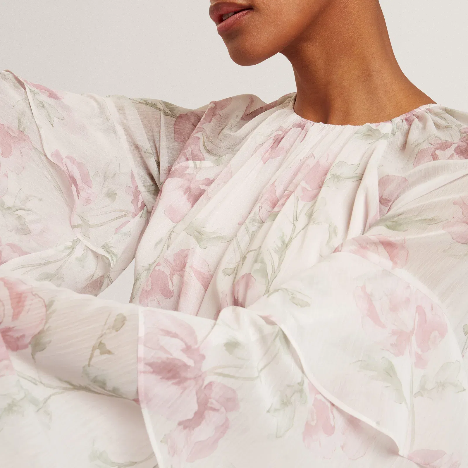 Ted Baker Rose Print Frilled Long Sleeve Mini Dress