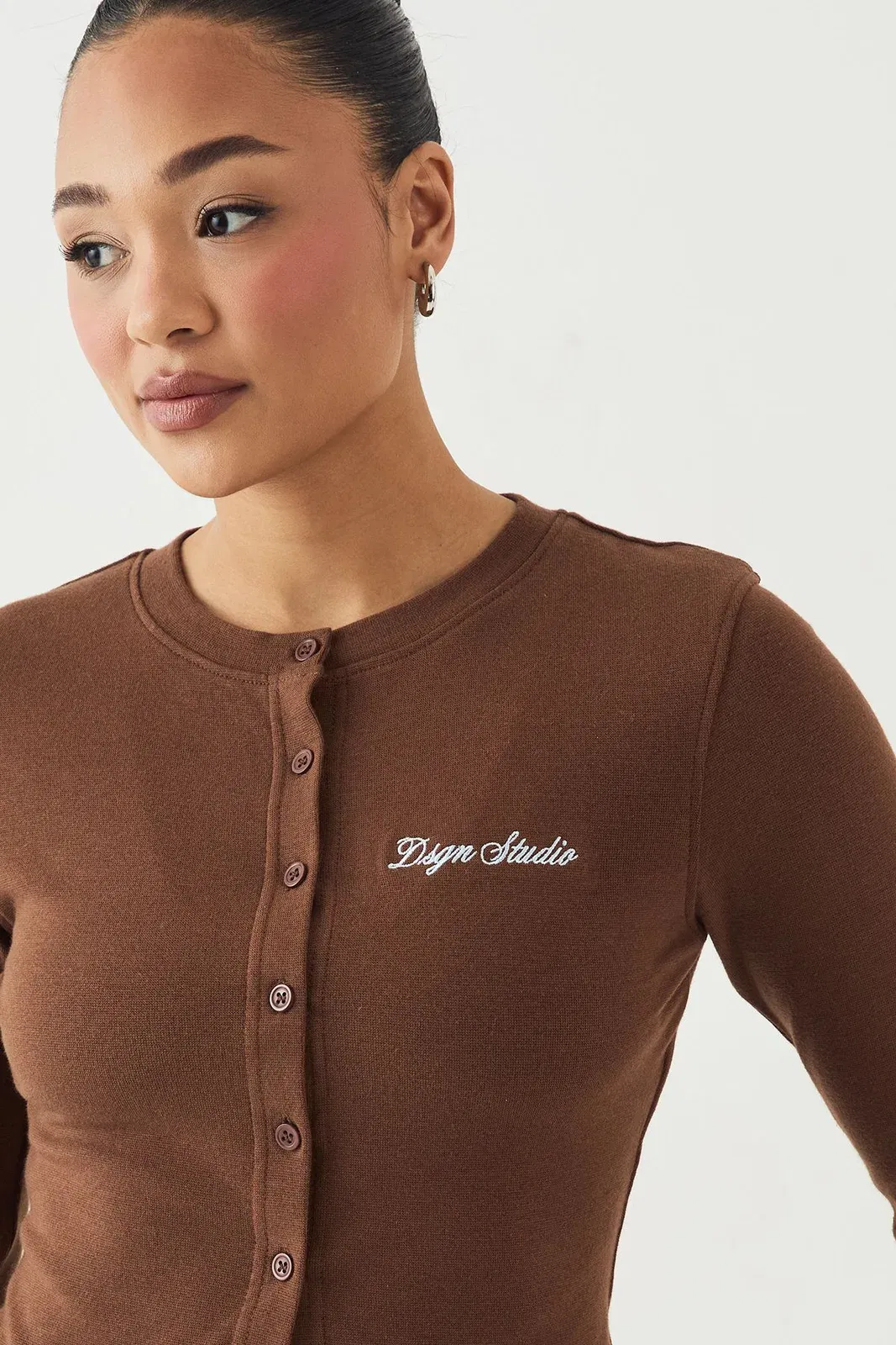DSGN Studio Ribbed Script Embroidery Button Through Long Sleeve Top