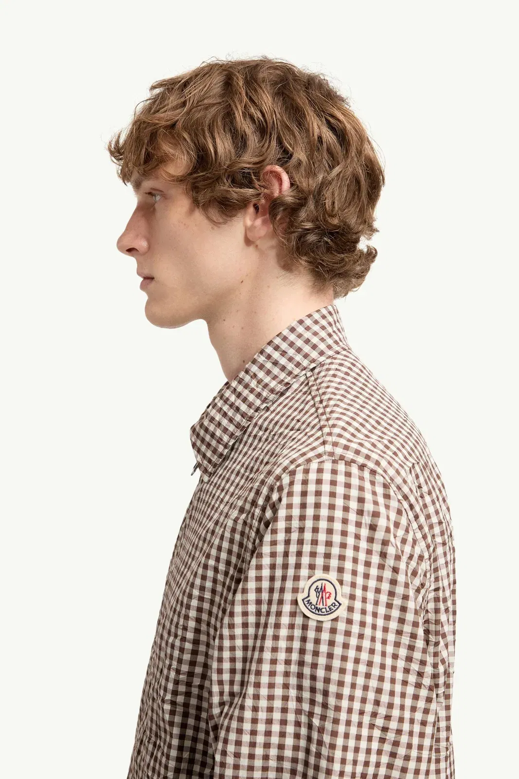 Moncler Vichy Cotton Blend Zip-Up Shirt Jacket White & Brown White & Brown