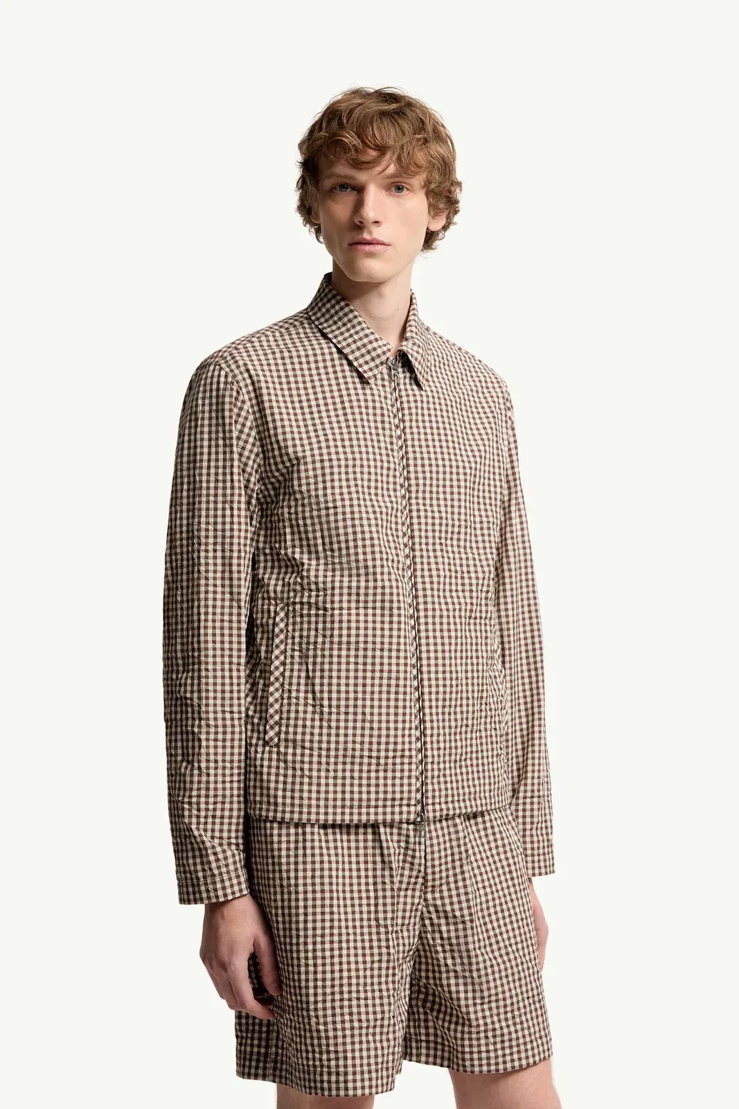 Moncler Vichy Cotton Blend Zip-Up Shirt Jacket White & Brown White & Brown
