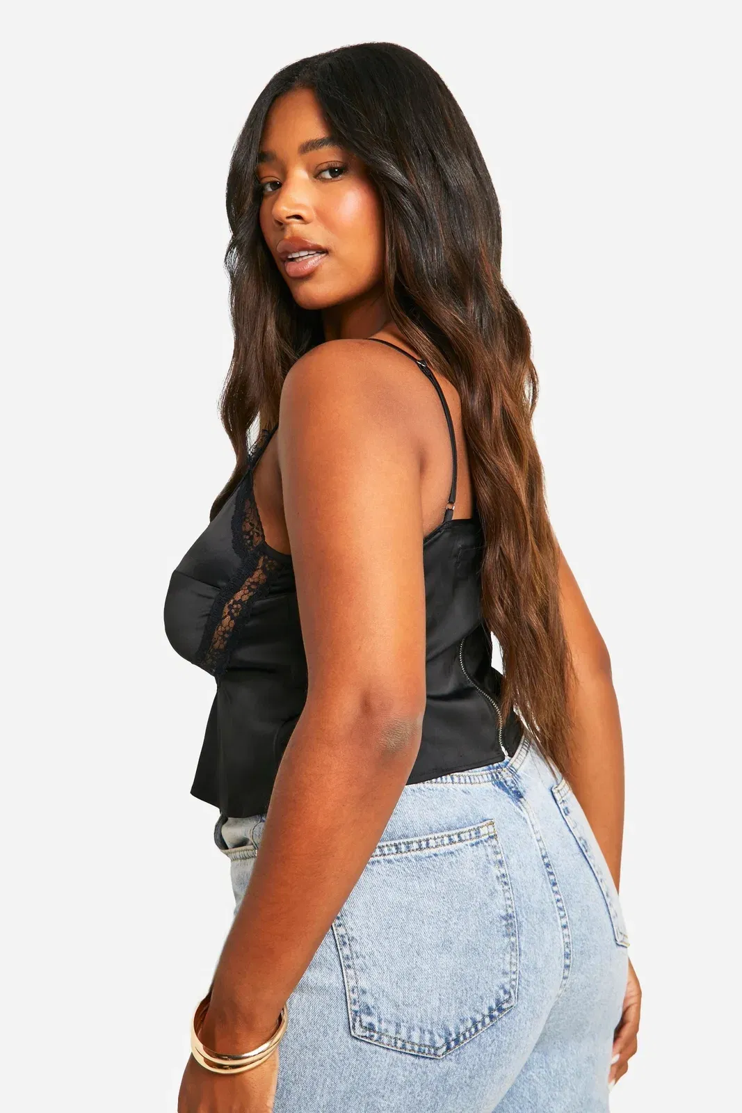 Plus Tie Front Satin Lace Cami Top