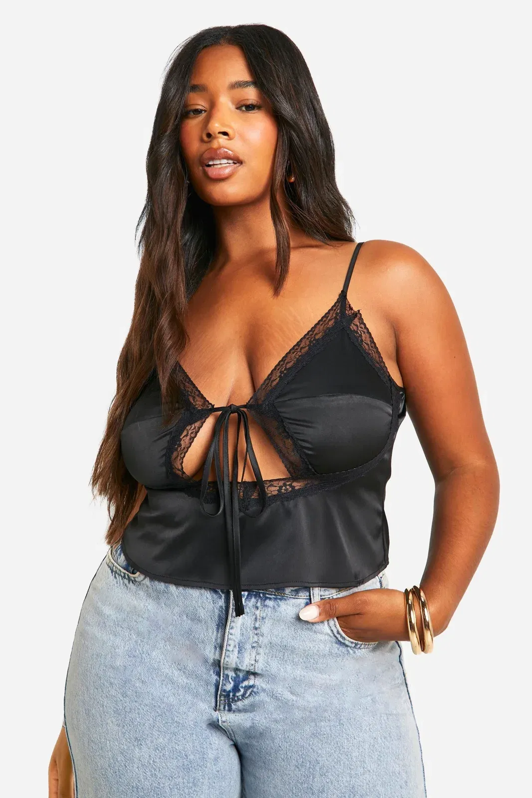 Plus Tie Front Satin Lace Cami Top