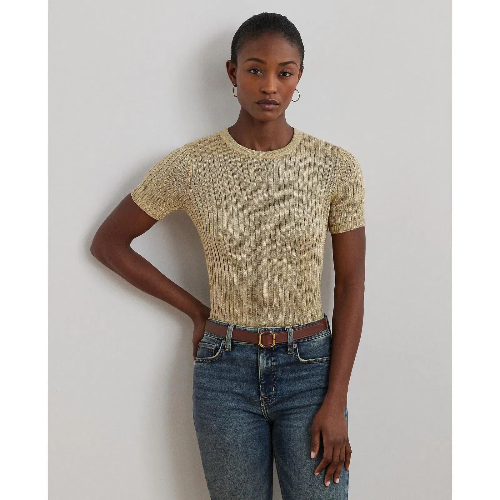 Metallic Rib-Knit Short-Sleeve Jumper