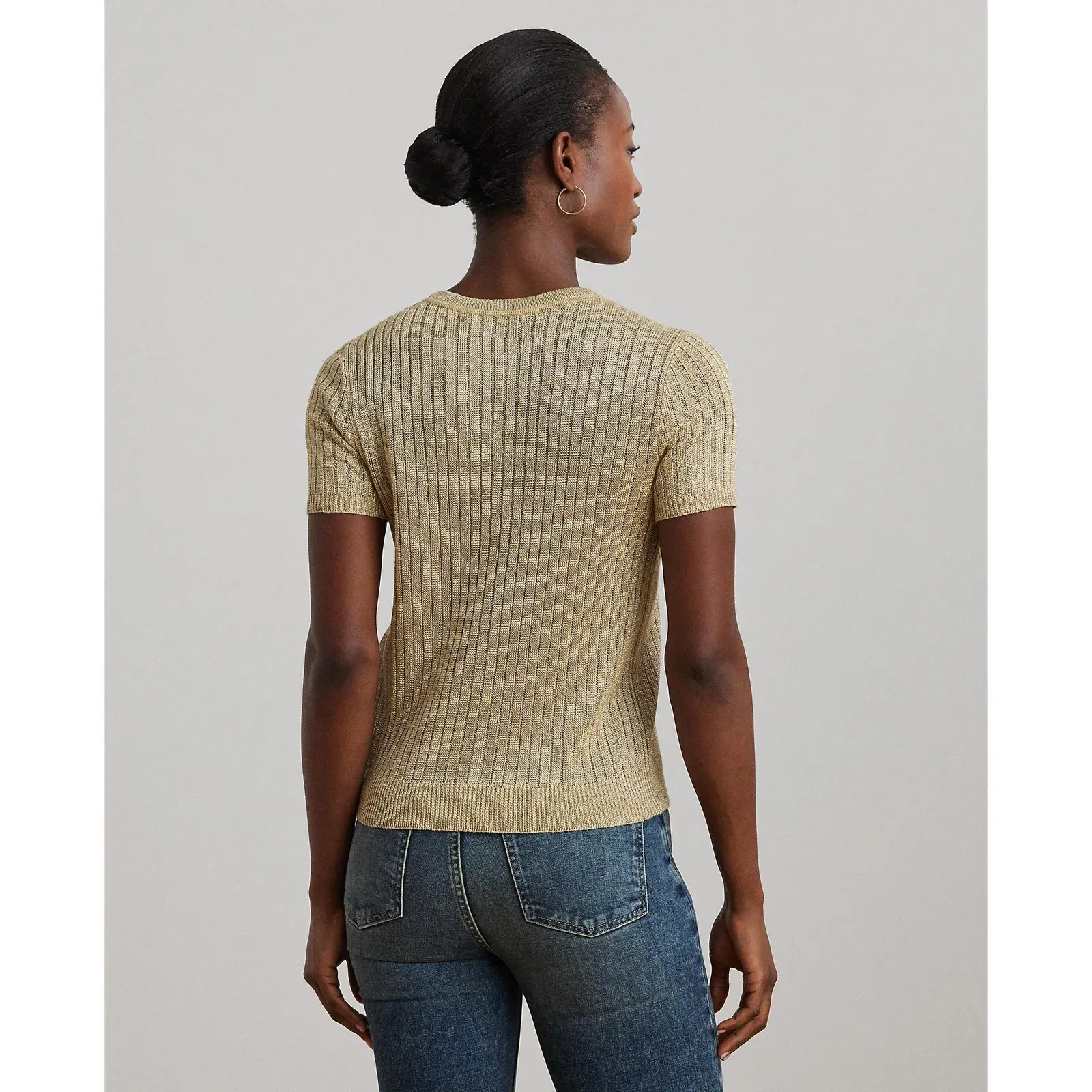 Metallic Rib-Knit Short-Sleeve Jumper