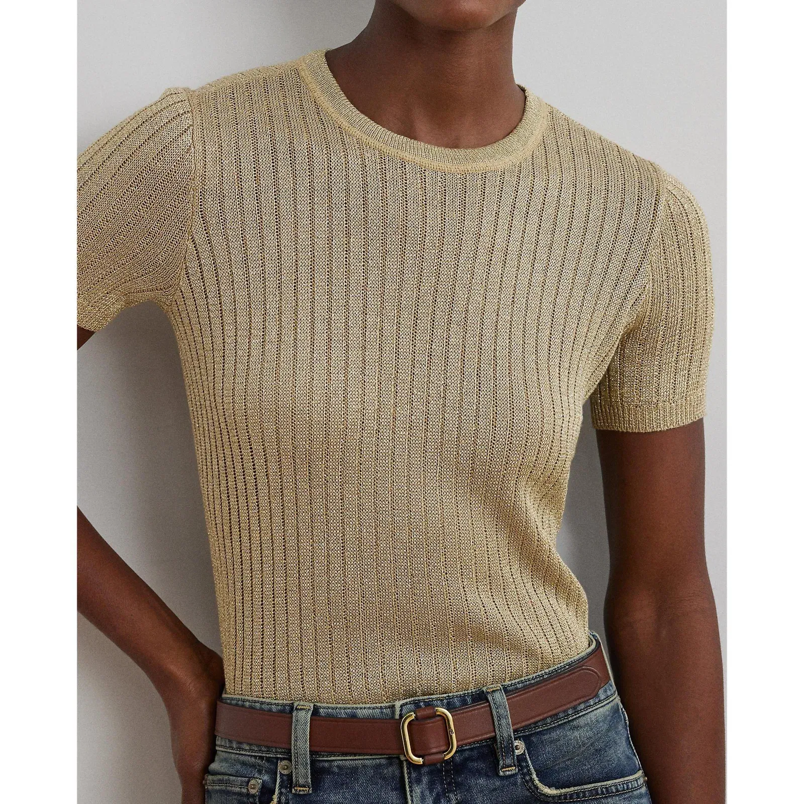 Metallic Rib-Knit Short-Sleeve Jumper