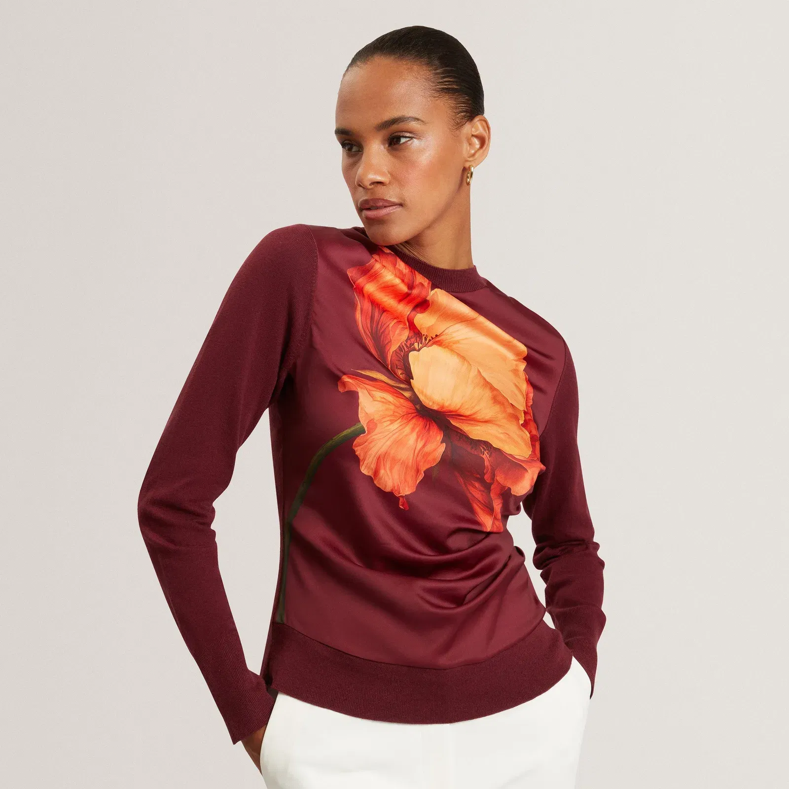 Ted Printed Satin Front Fine Knit Top