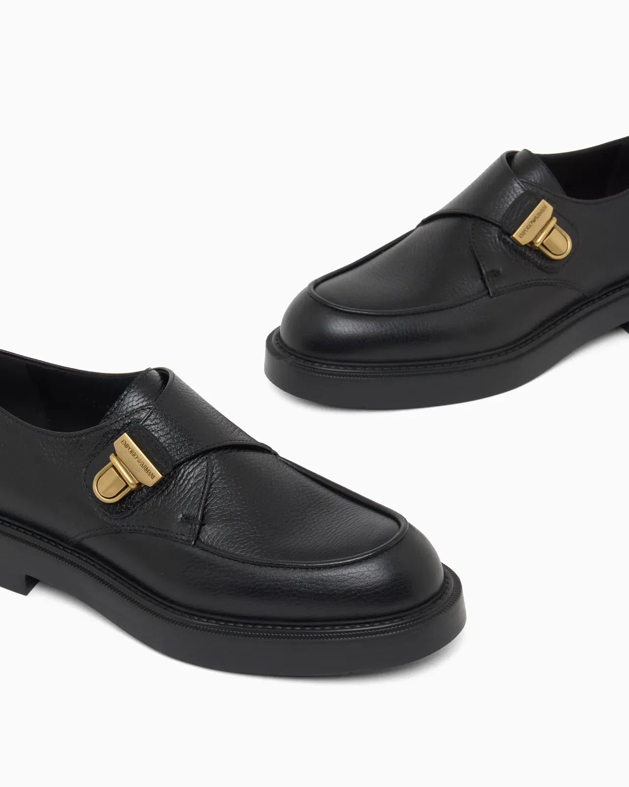 Emporio Armani Icon Pebbled Leather Chunky Monk Straps Black