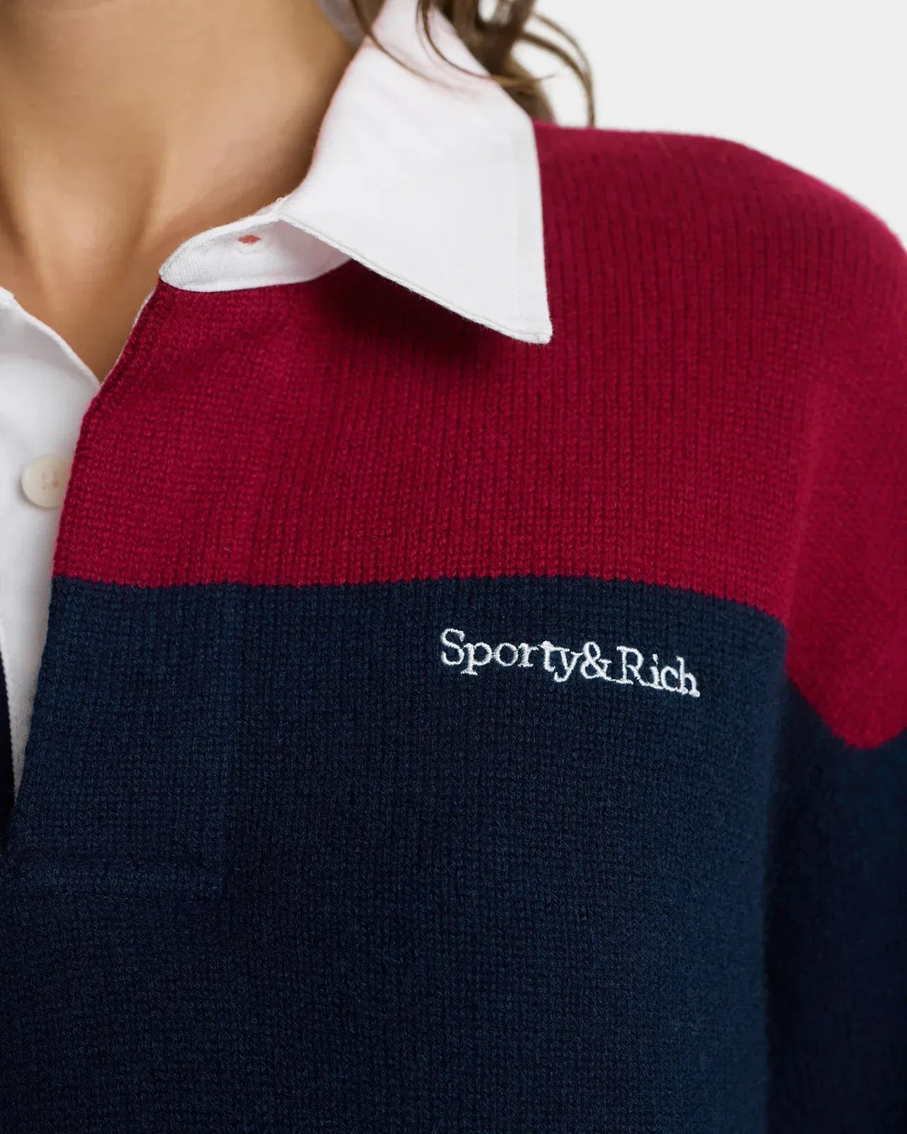 Serif Logo Cashmere Rugby Polo - Merlot/Navy/Ecru