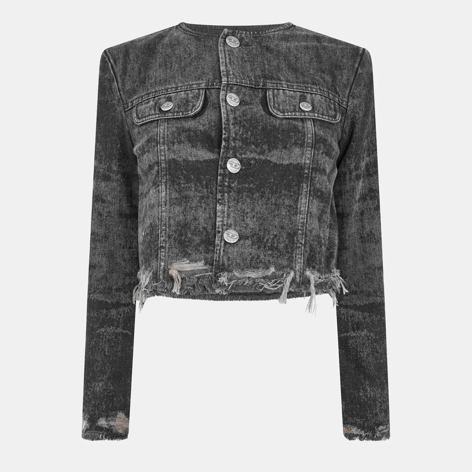 De-Graffy-Fsh Cropped Cotton Long Sleeve Collarless Denim Jacket