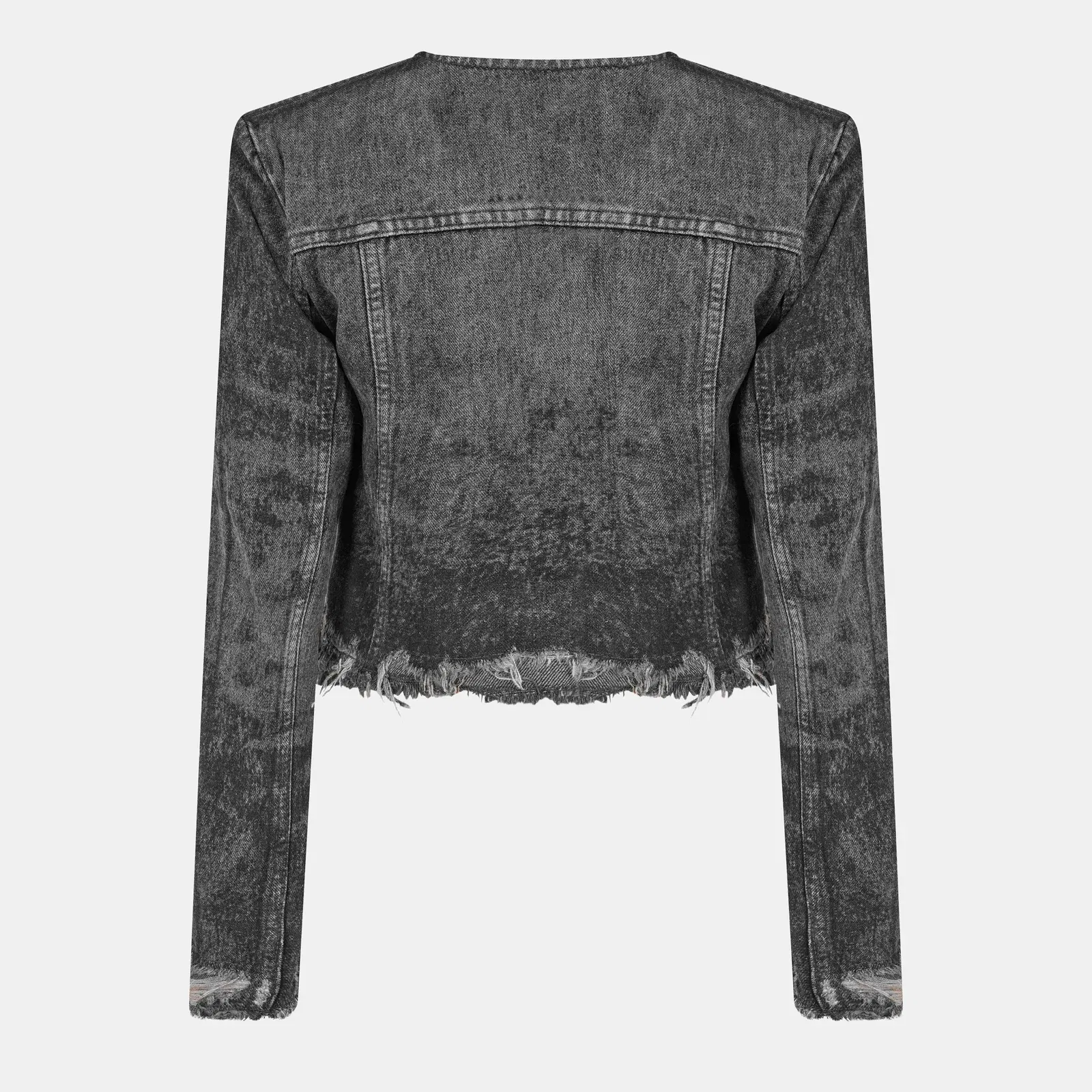 De-Graffy-Fsh Cropped Cotton Long Sleeve Collarless Denim Jacket