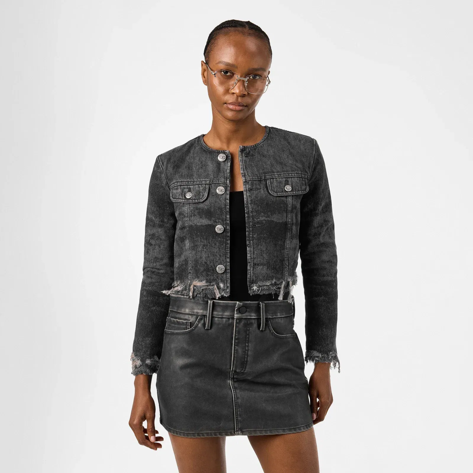 De-Graffy-Fsh Cropped Cotton Long Sleeve Collarless Denim Jacket