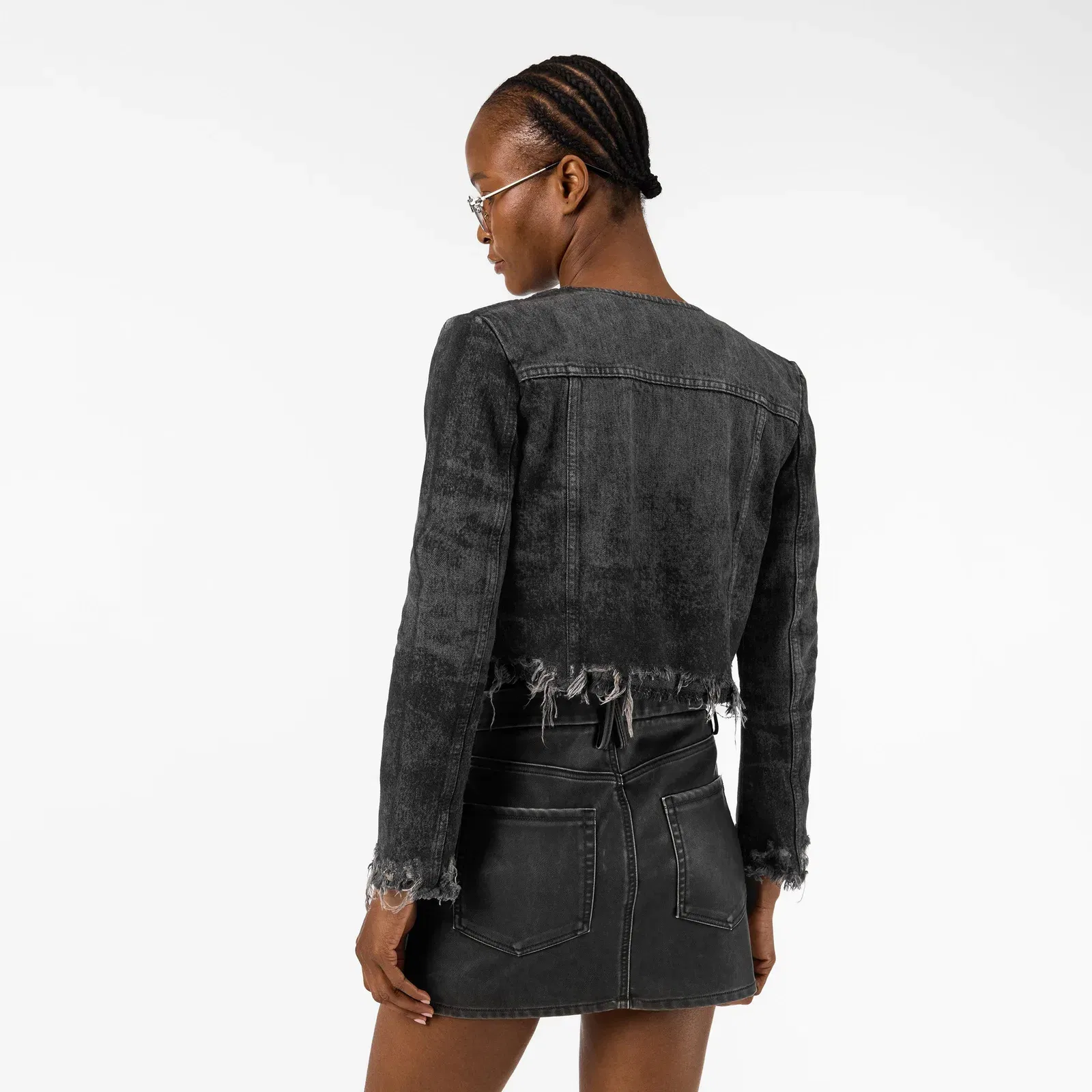De-Graffy-Fsh Cropped Cotton Long Sleeve Collarless Denim Jacket