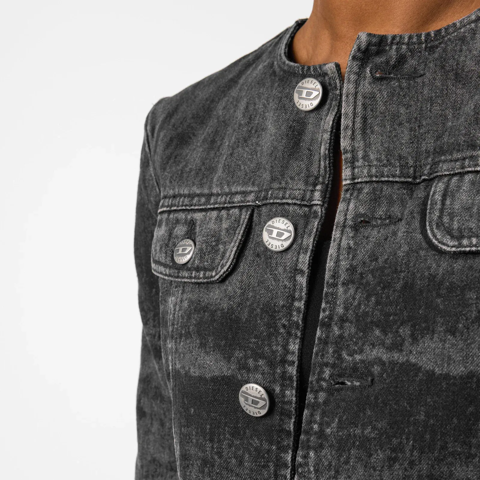 De-Graffy-Fsh Cropped Cotton Long Sleeve Collarless Denim Jacket