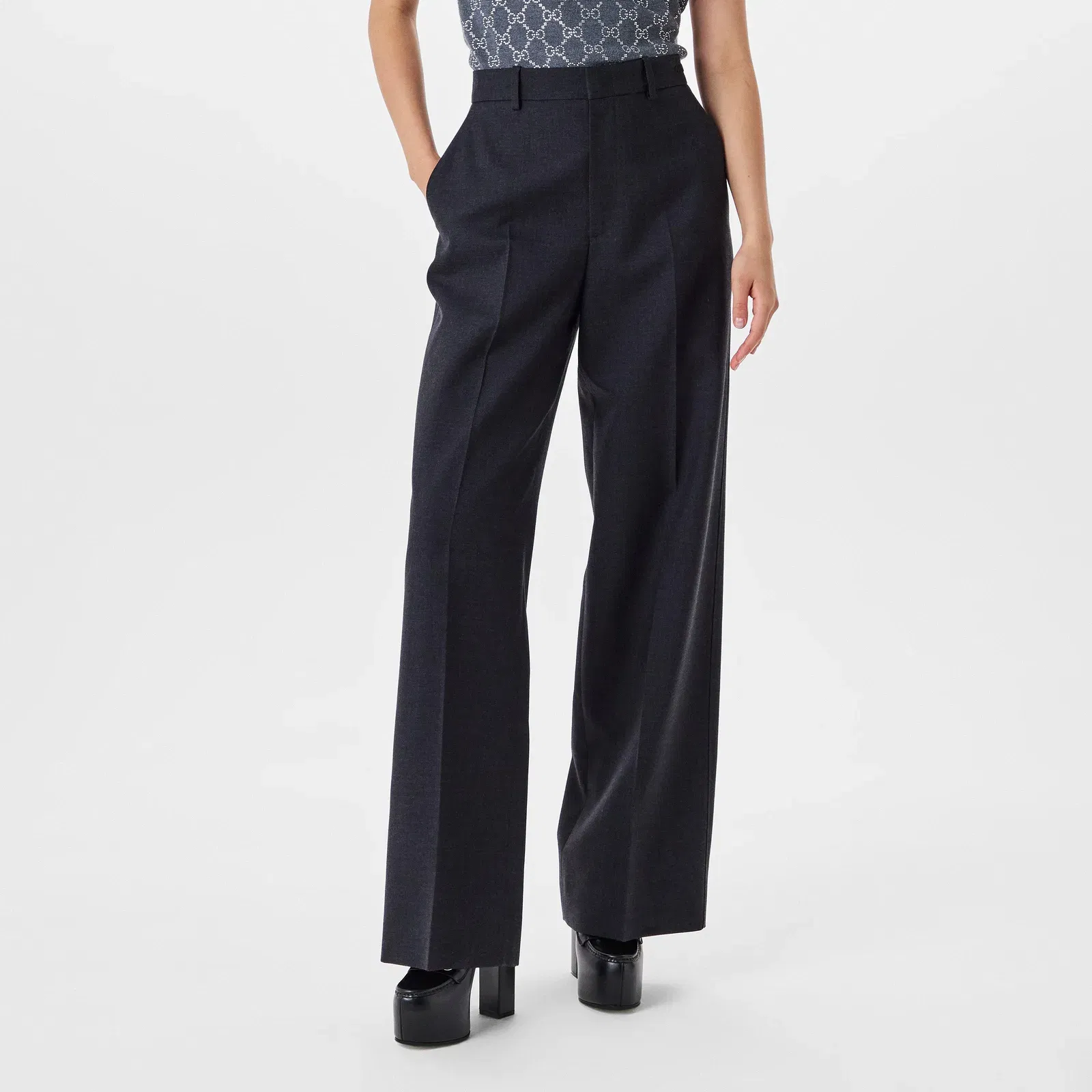 Plain Wool Wide Leg Trousers