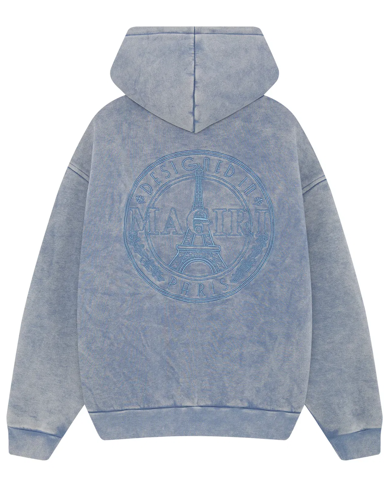 Magiri Embroidered Acid Wash Hoodie in Washed Blue