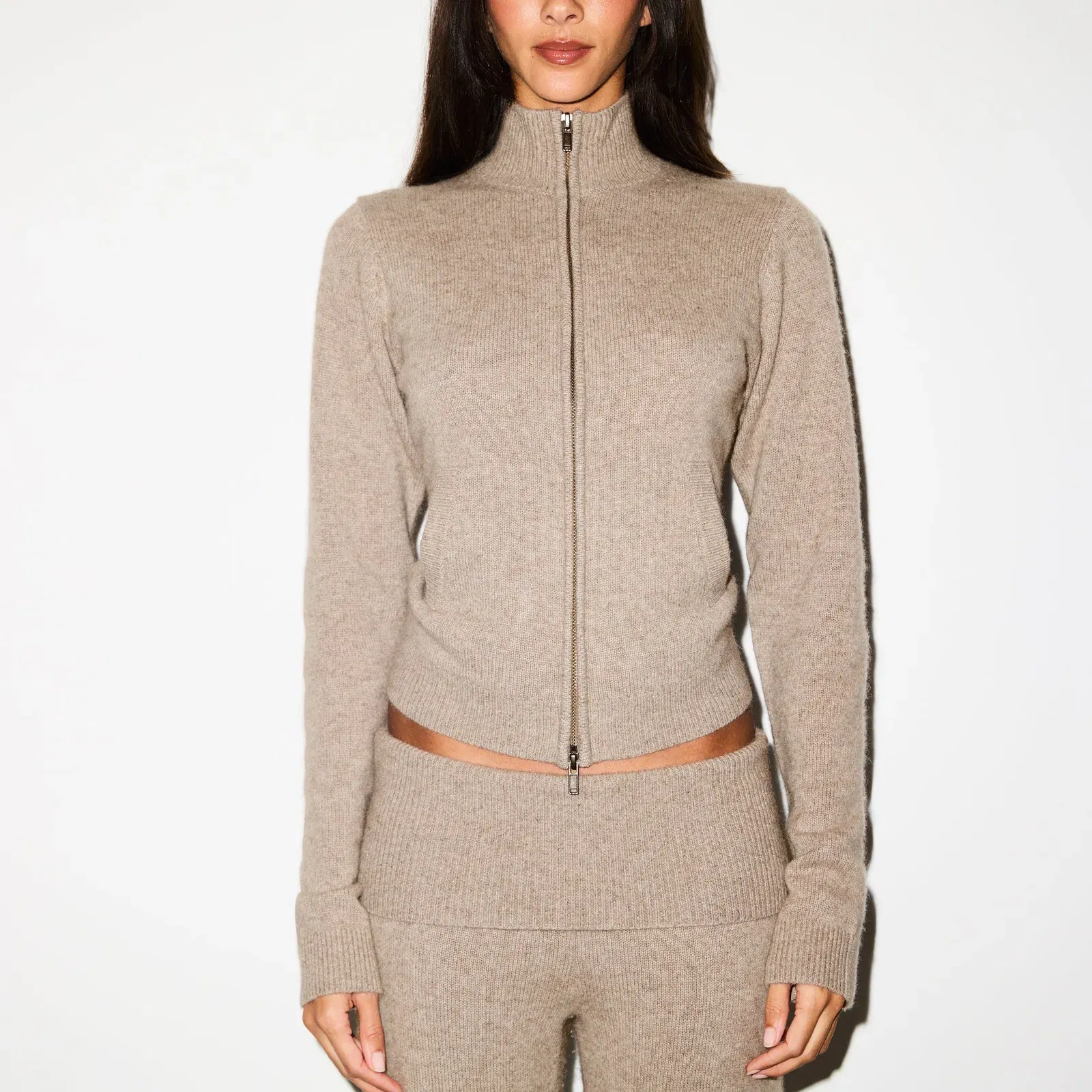 WOOL CASHMERE ZIP UP MOCK NECK SWEATER | LINEN