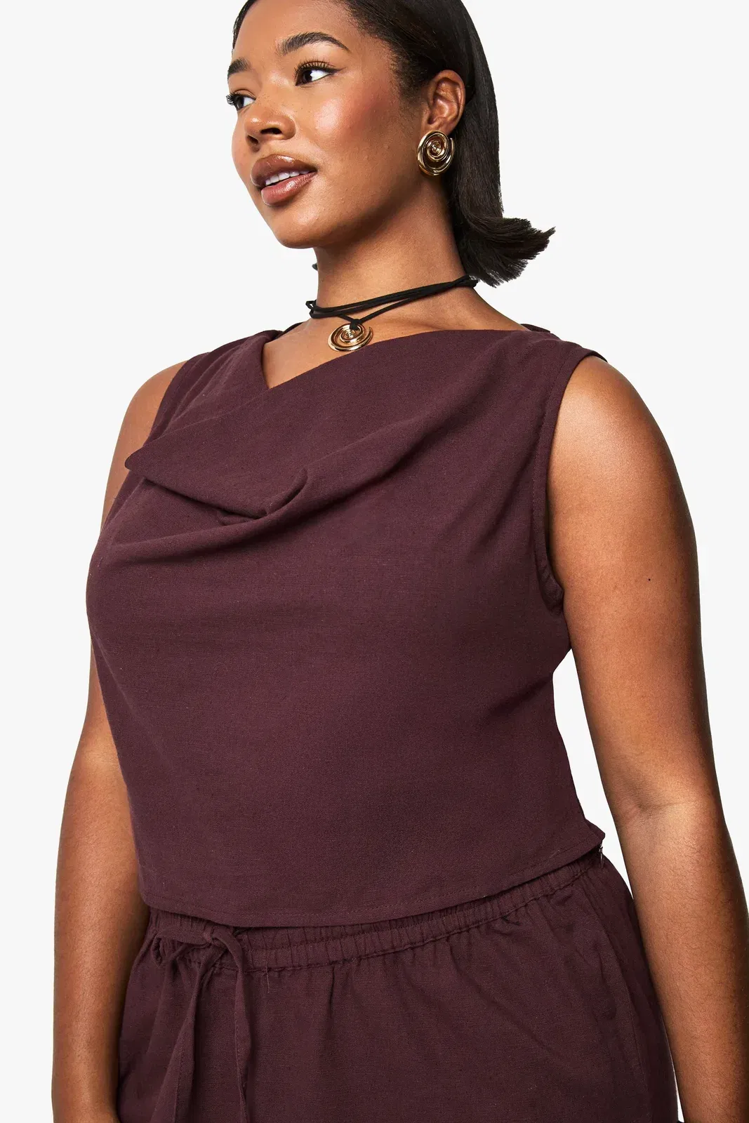 Plus Linen Look Cowl Neck Crop Top