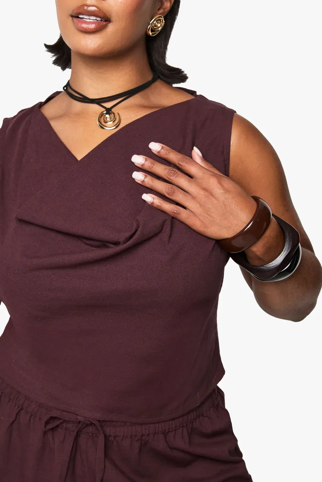 Plus Linen Look Cowl Neck Crop Top
