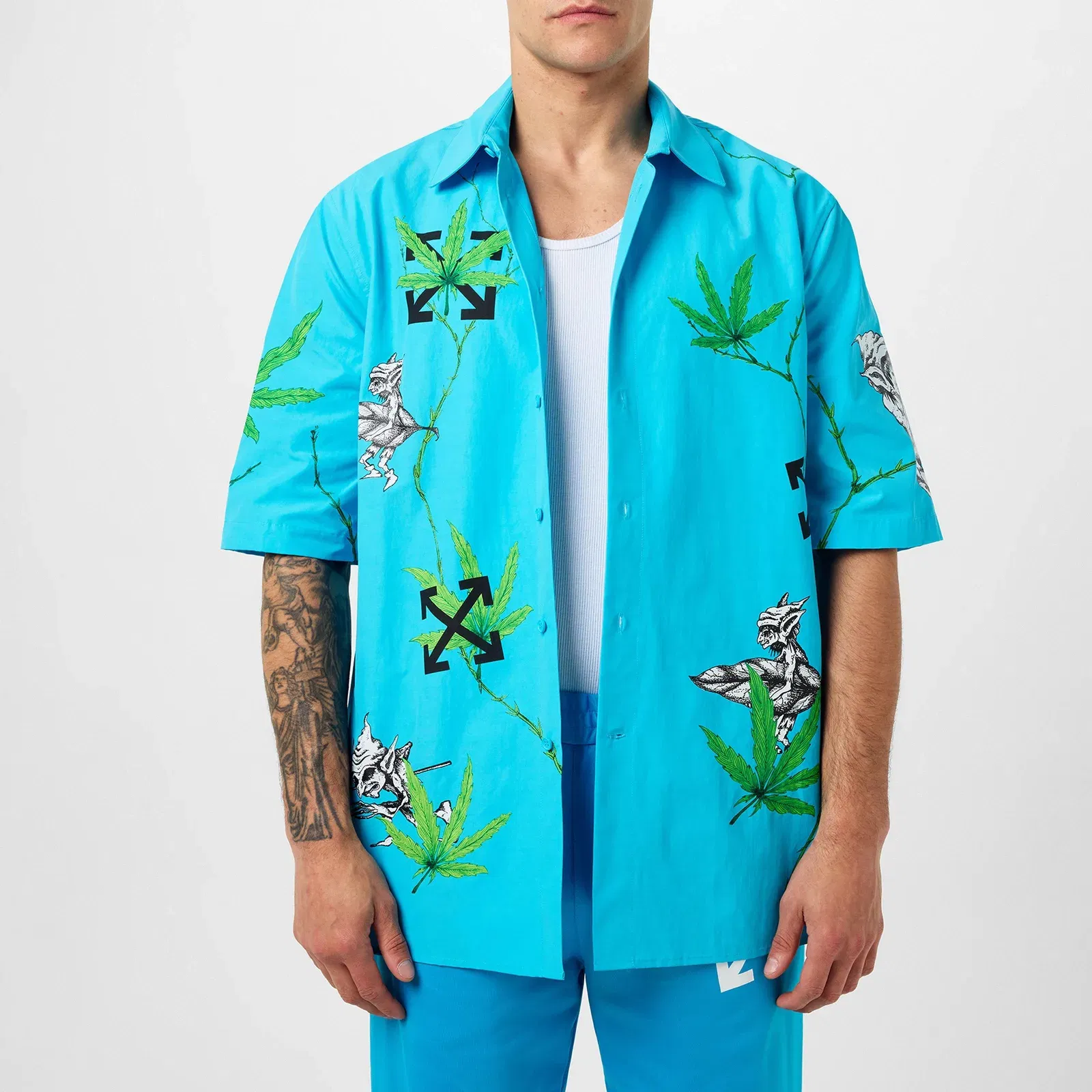 Oversized Fit Cotton Short Sleeve Point Collar Shirt
