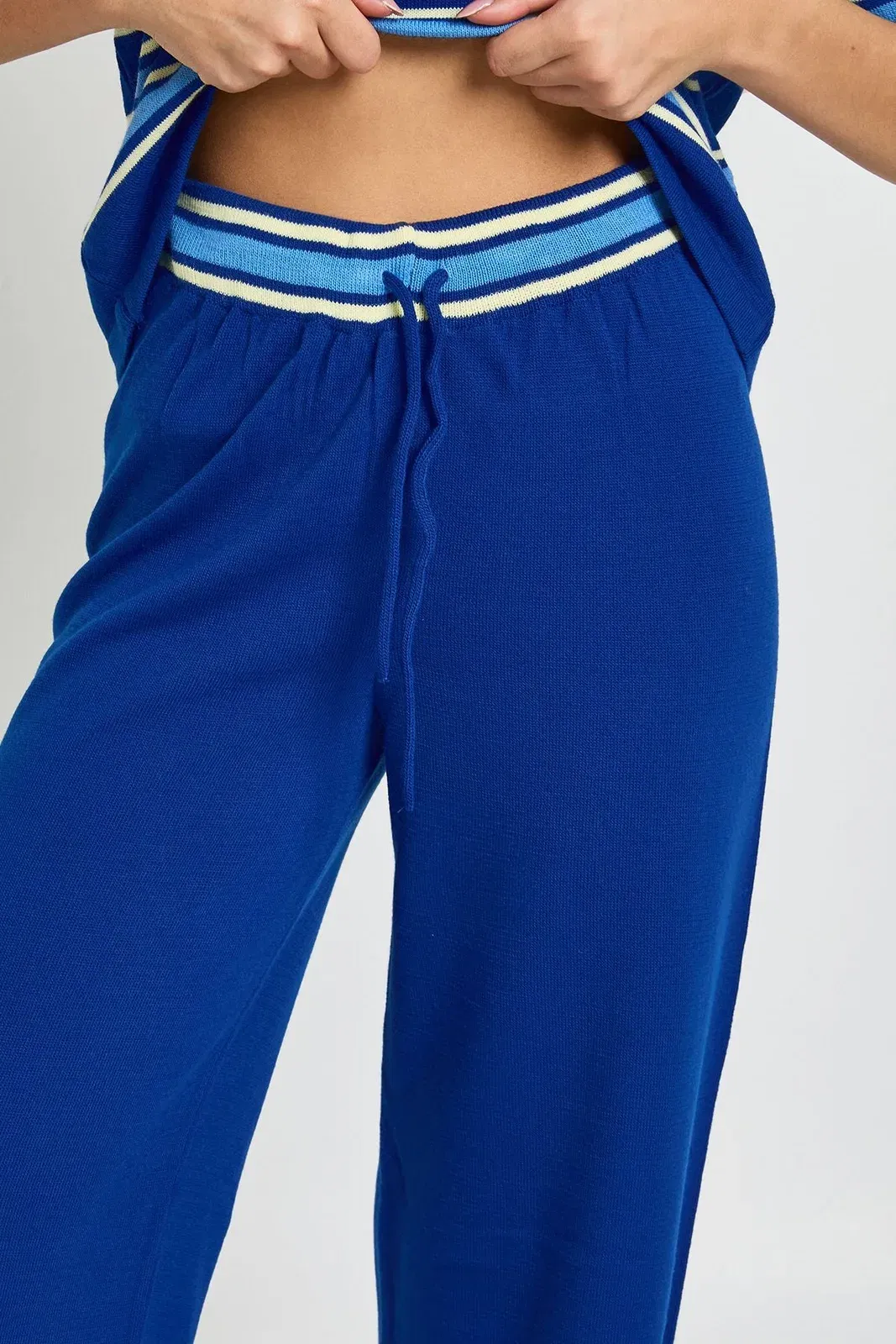 Placket Collar Short Sleeve Stripe Knitted Top And Trouser