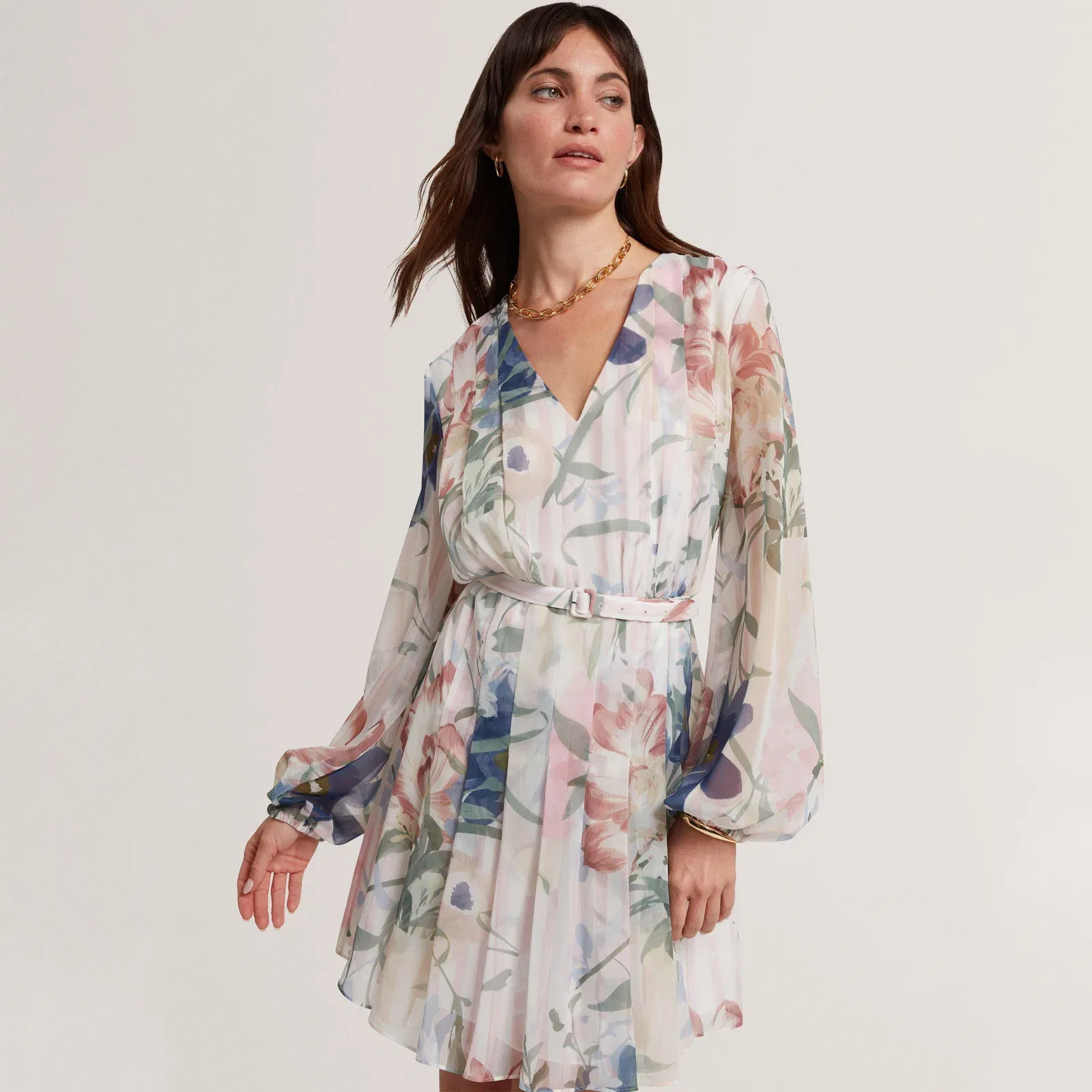 Ted Baker Floral Pleated Long Sleeve Mini Dress