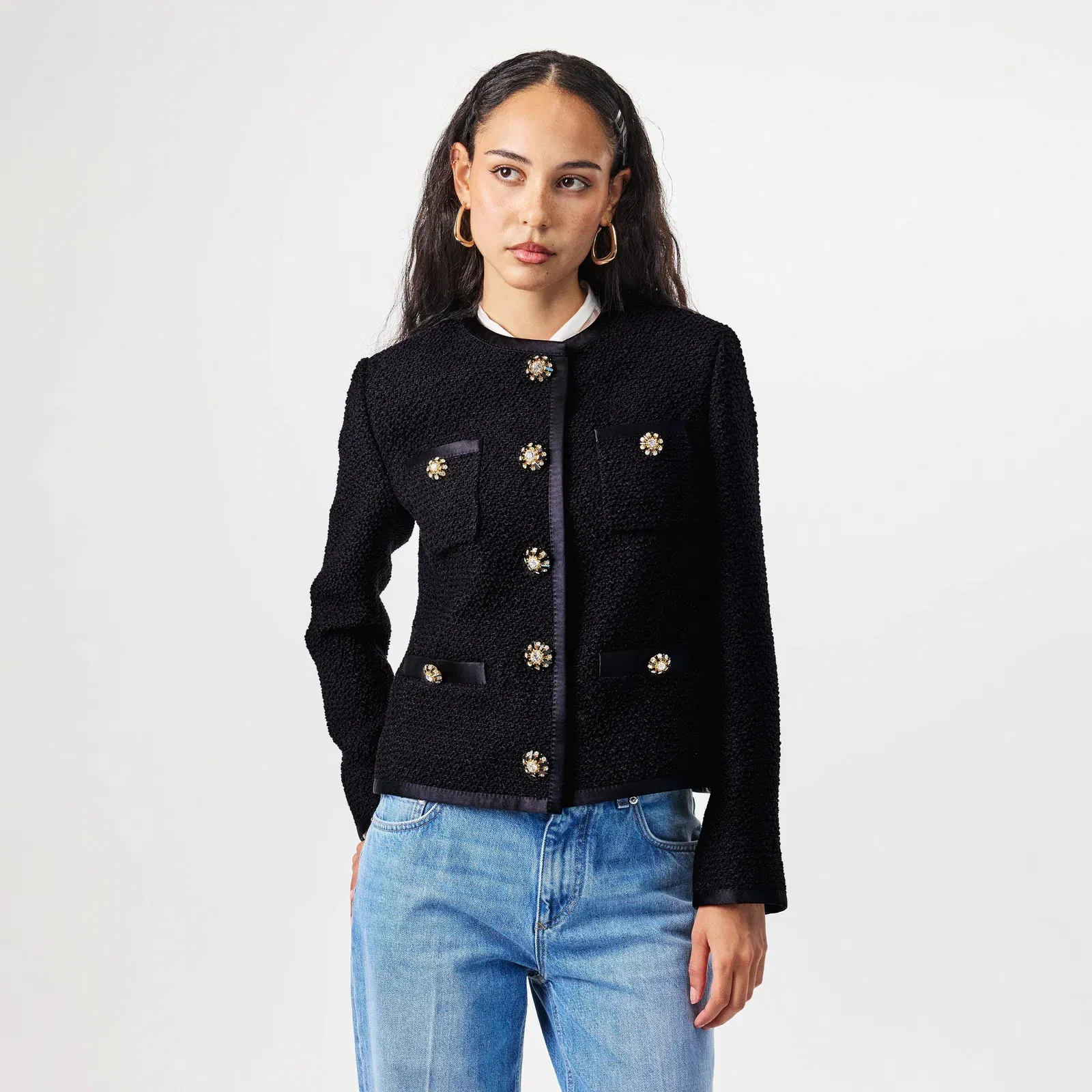 Buttoned Boucle Wool Long Sleeve Overcoat