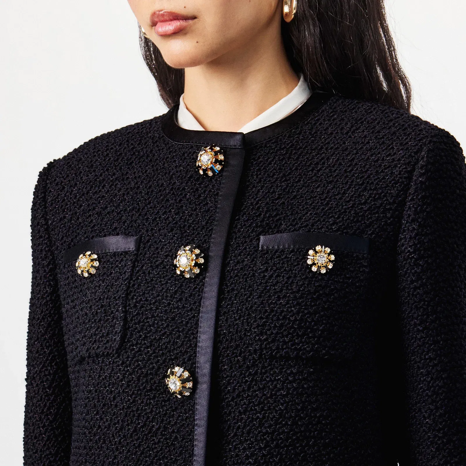 Buttoned Boucle Wool Long Sleeve Overcoat