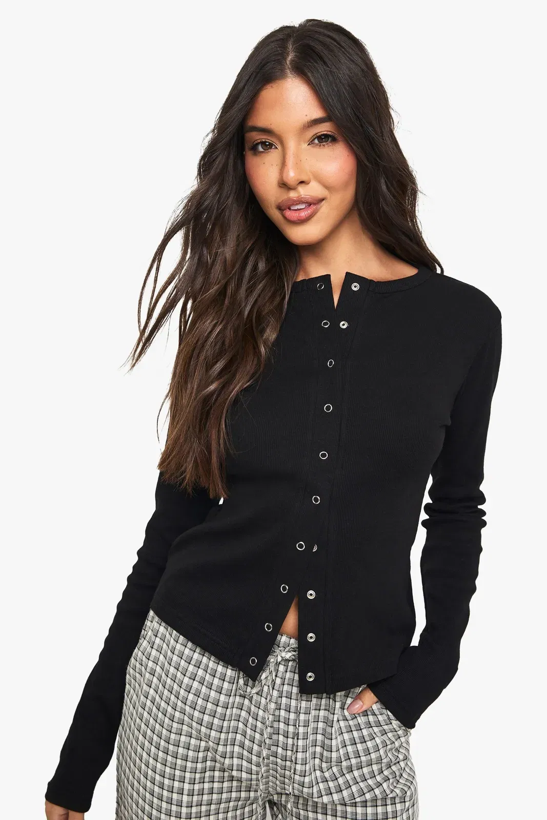 Rib Popper Front Long Sleeve Top