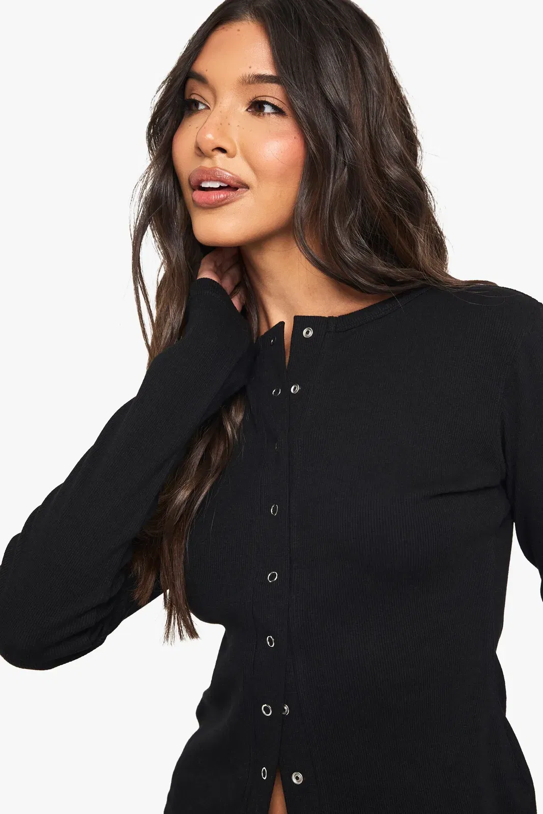 Rib Popper Front Long Sleeve Top