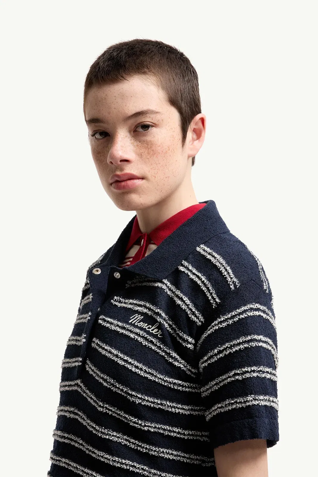 Moncler Cotton Blend Bouclé Crêpe Polo Shirt Navy Blue Navy Blue