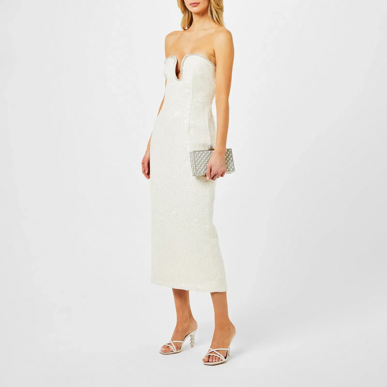 Sequin Boucle Strapless Midi Dress