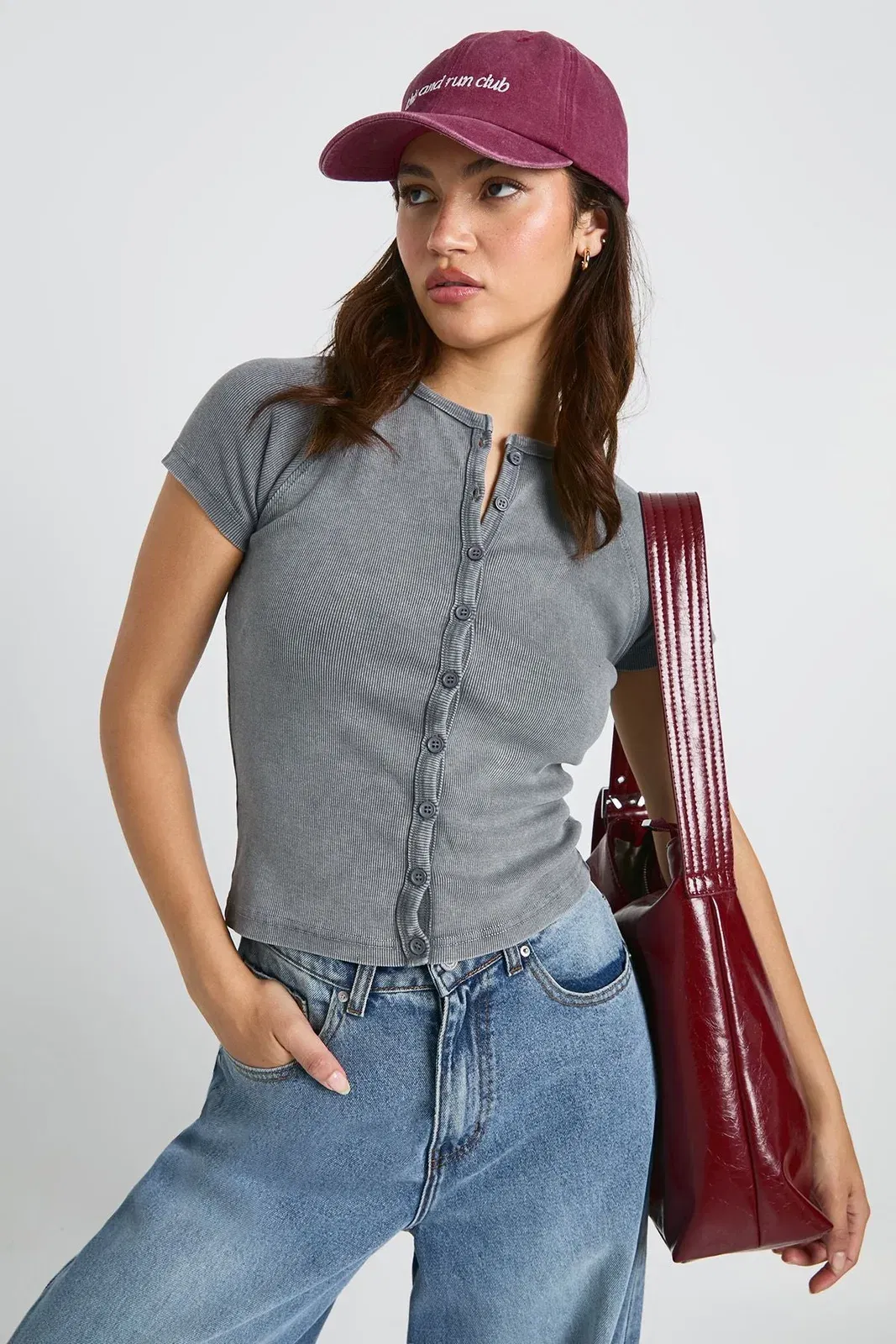 Acid Wash Button Through Cap Sleeve Top