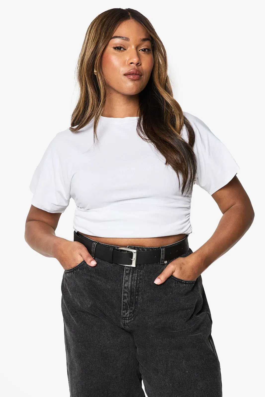 Plus Short Sleeve Cinched Waist Cotton Top