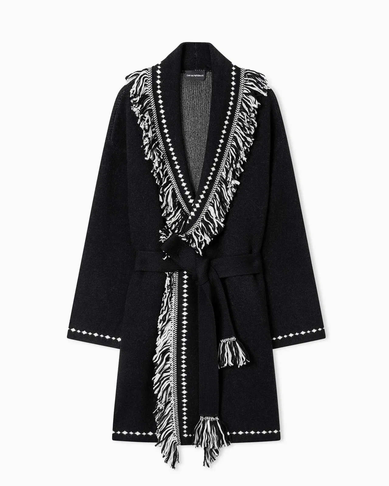 Emporio Armani Oversized cardigan with fringed edges and jacquard motif
