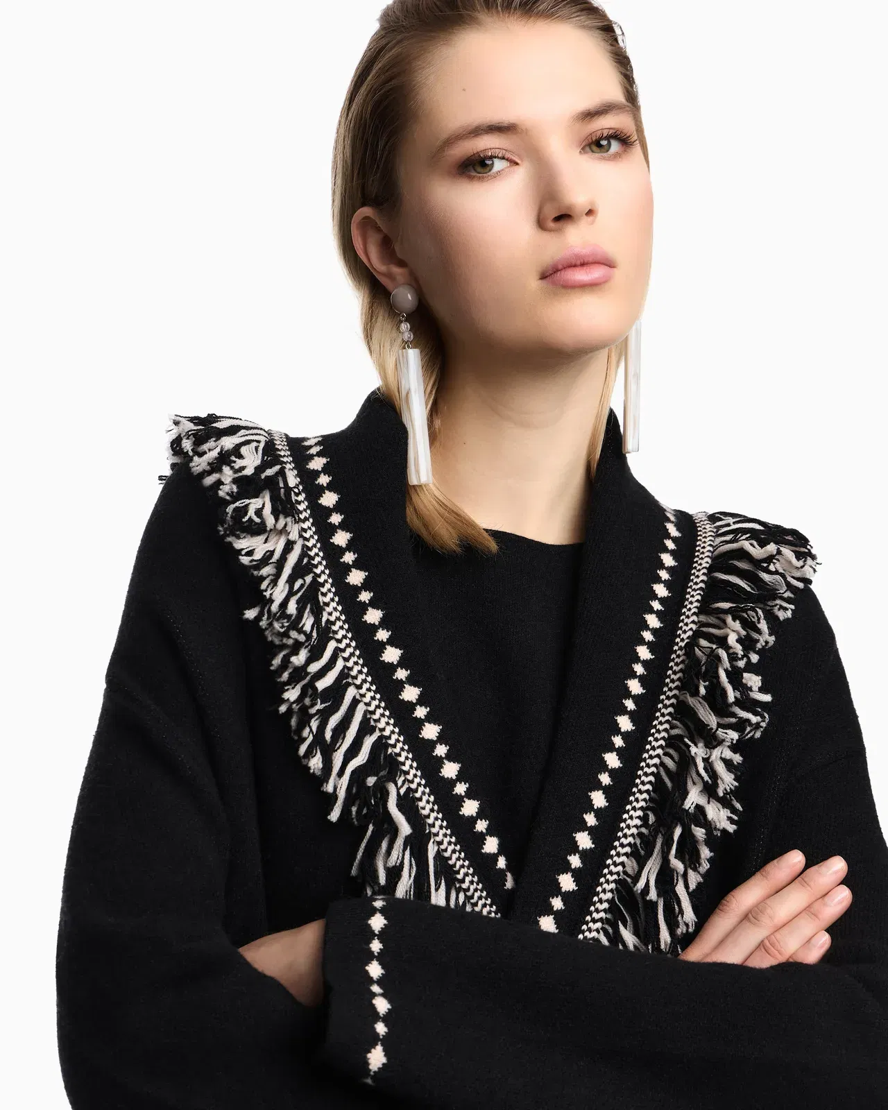 Emporio Armani Oversized cardigan with fringed edges and jacquard motif