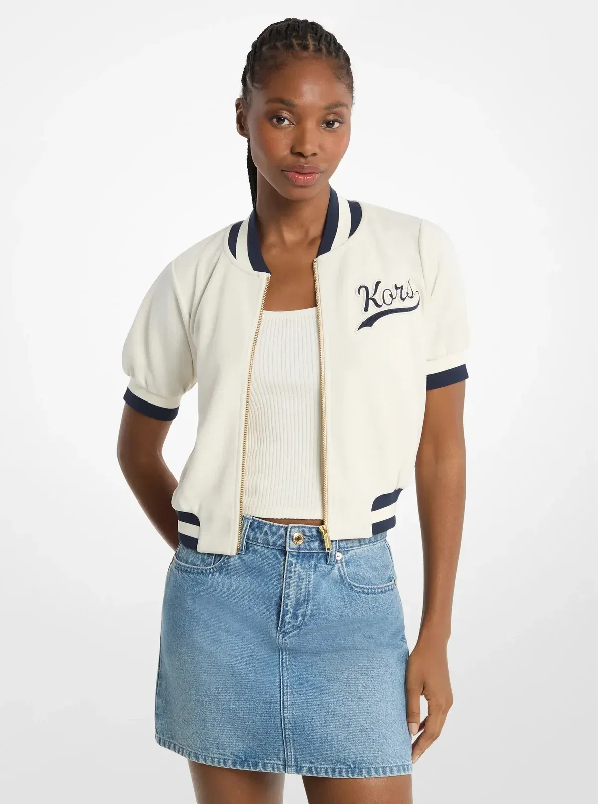 Michael Kors Sporty Piqu Cropped Short-Sleeve Jacket BONE