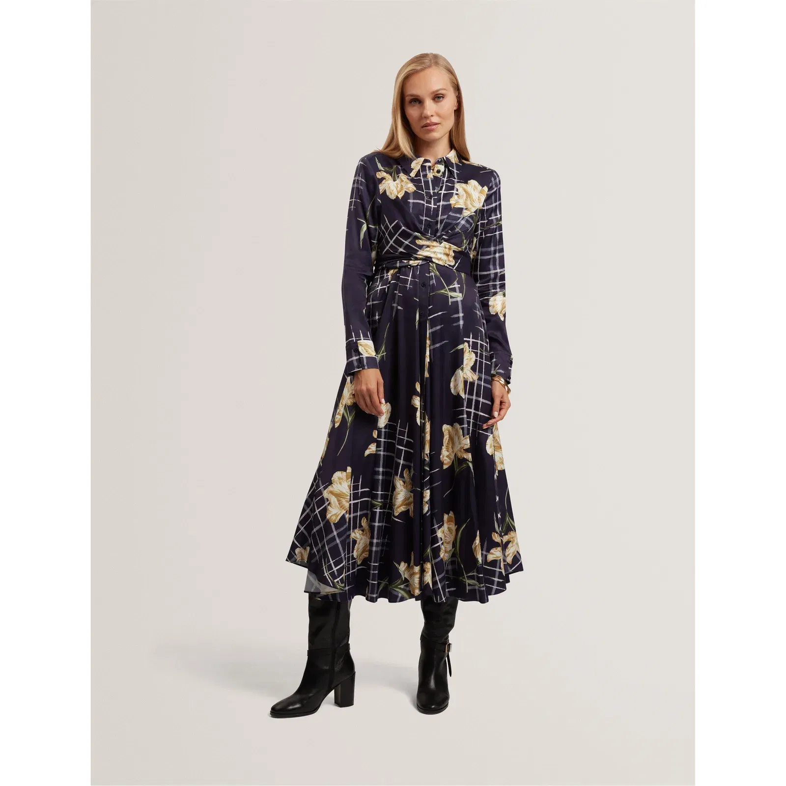 Long Sleeve Print Midi Wrap Dress