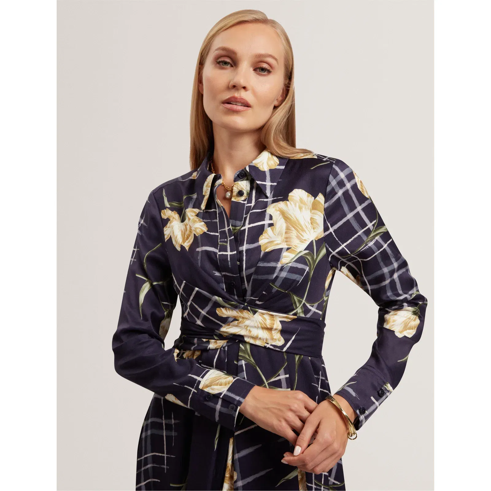 Long Sleeve Print Midi Wrap Dress