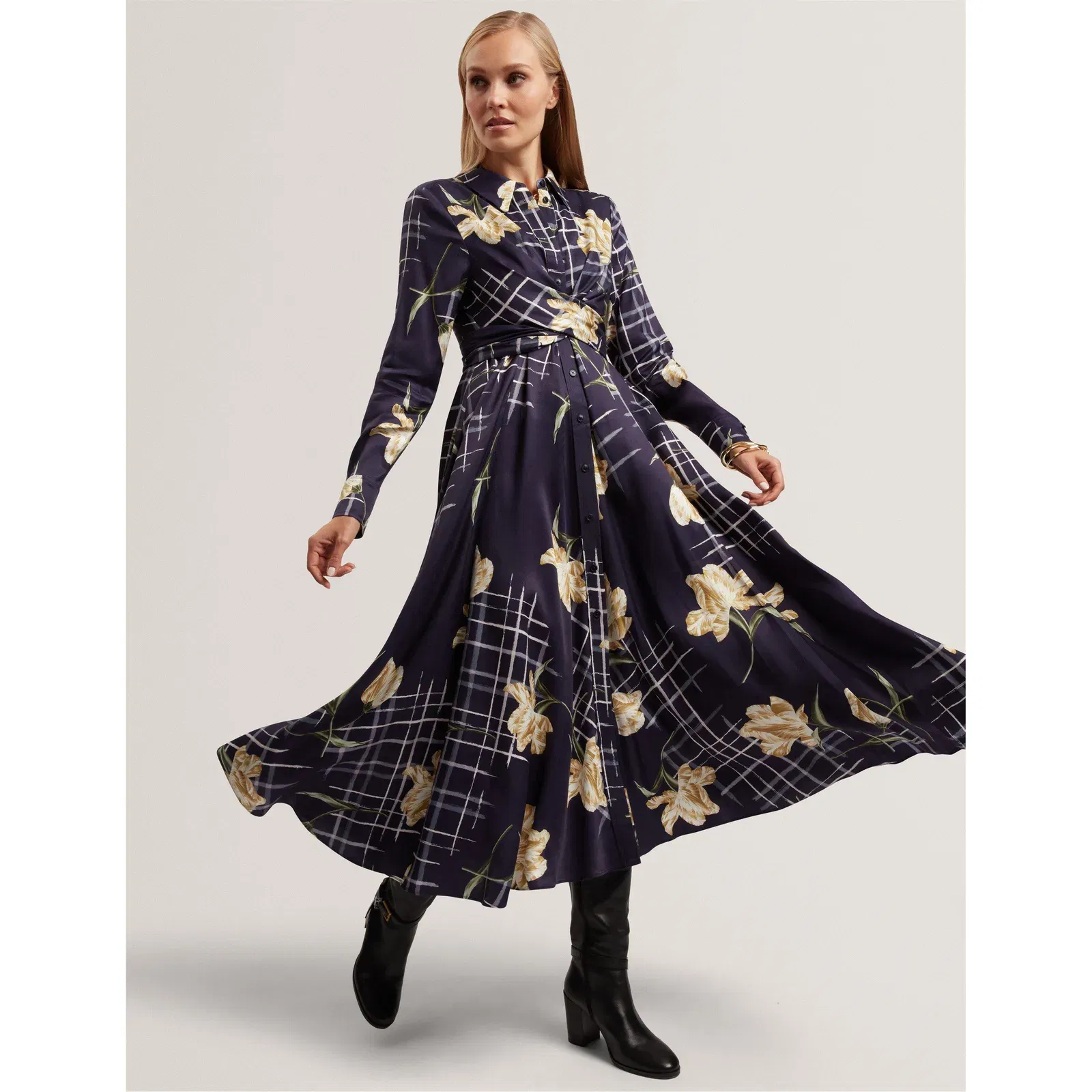 Long Sleeve Print Midi Wrap Dress