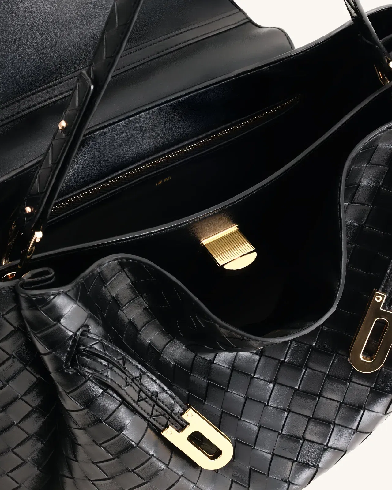 Rhea Large Woven Textured Shoulder Bag - Black