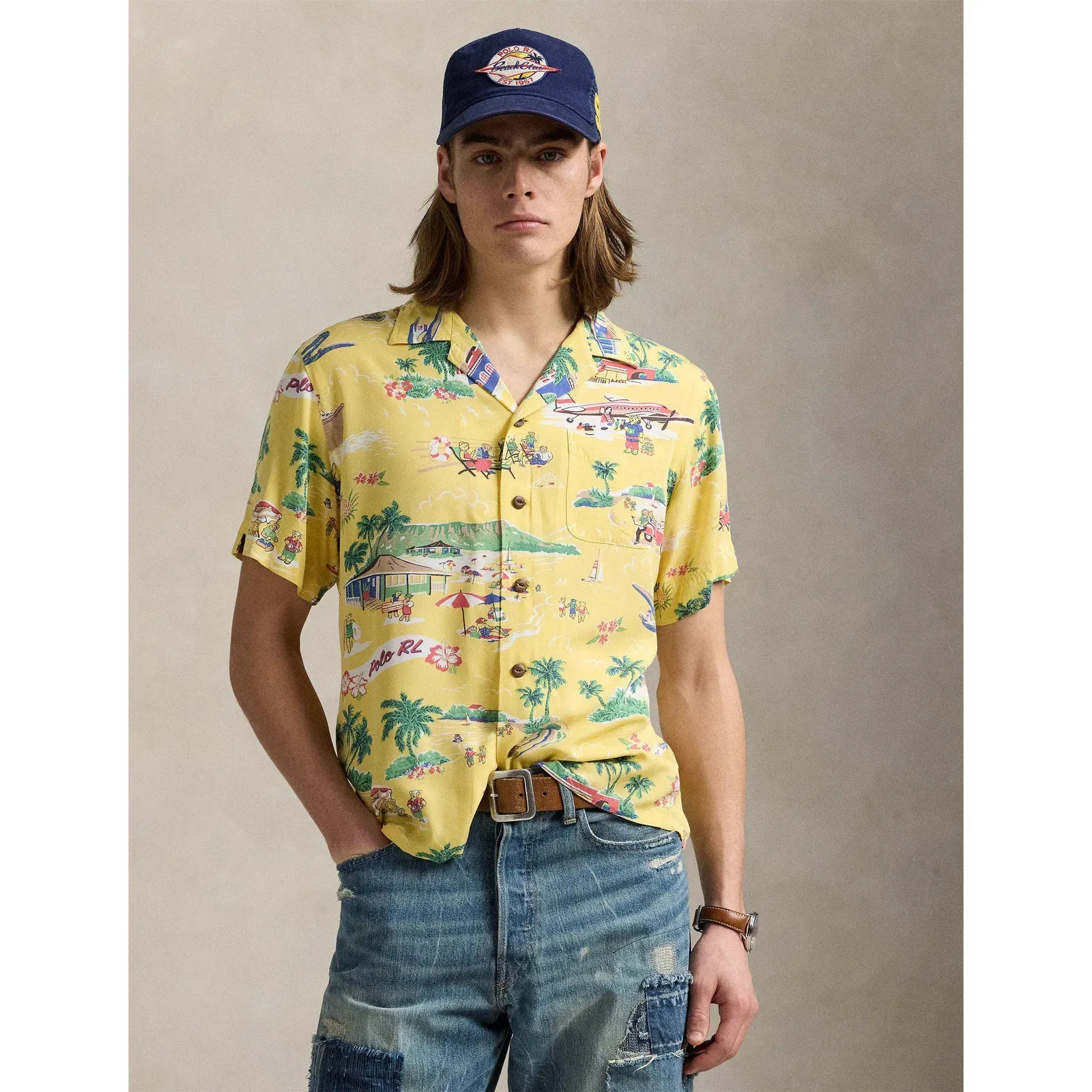 Rayon Bear Short-Sleeve Patterned Shirt
