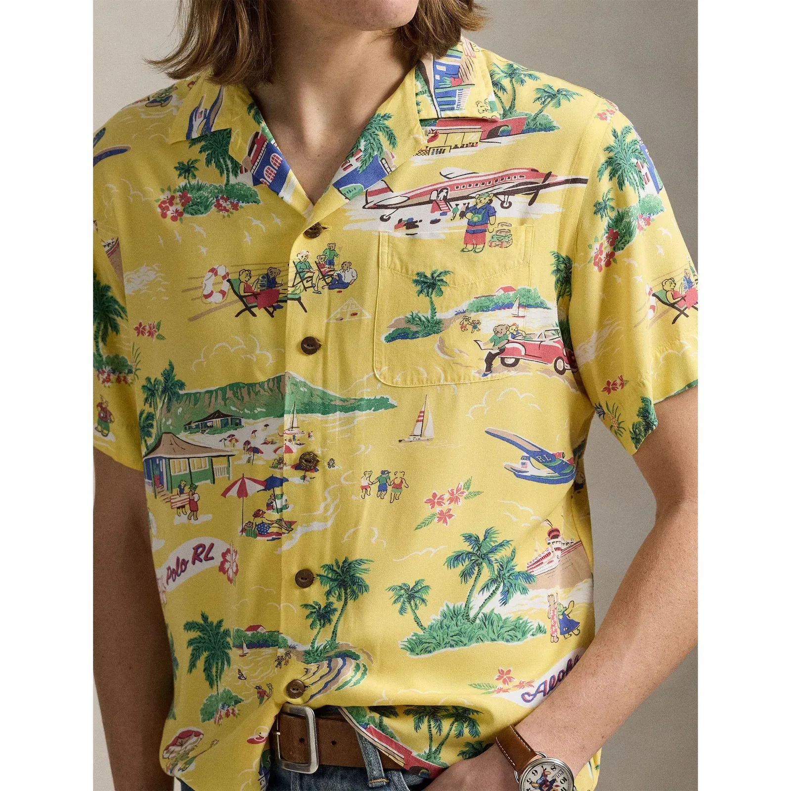 Rayon Bear Short-Sleeve Patterned Shirt