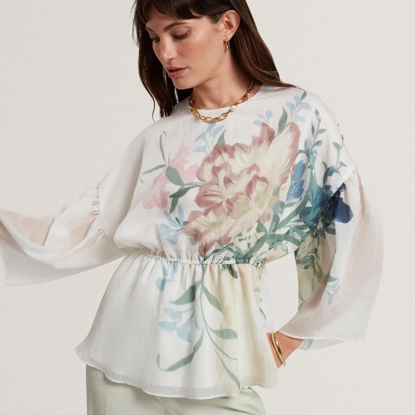 Ted Baker Soft Blooms Puff Sleeve Peplum Top