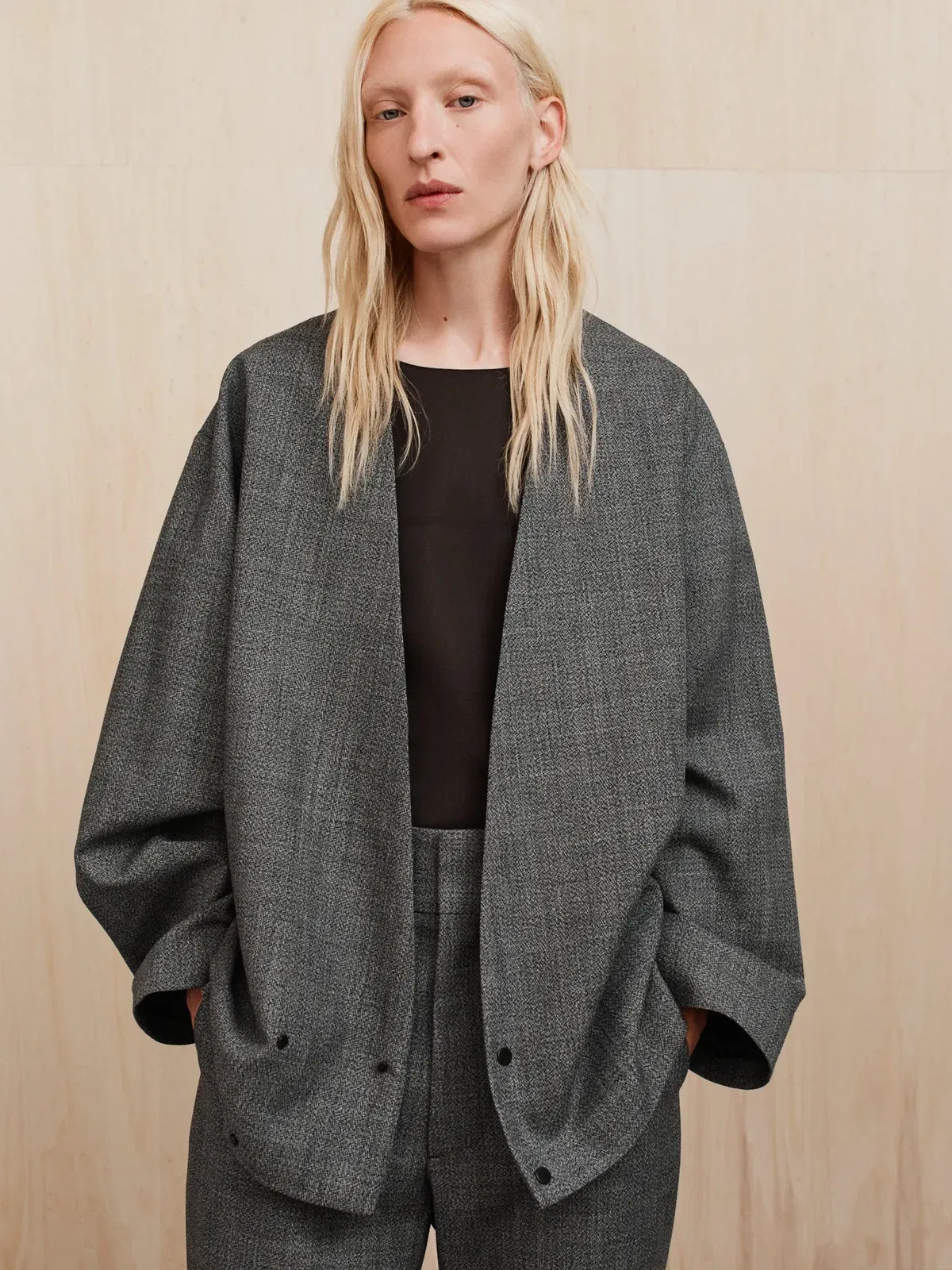 Essentials Mouline Wool Relaxed Lapelless Jacket Off White/Black