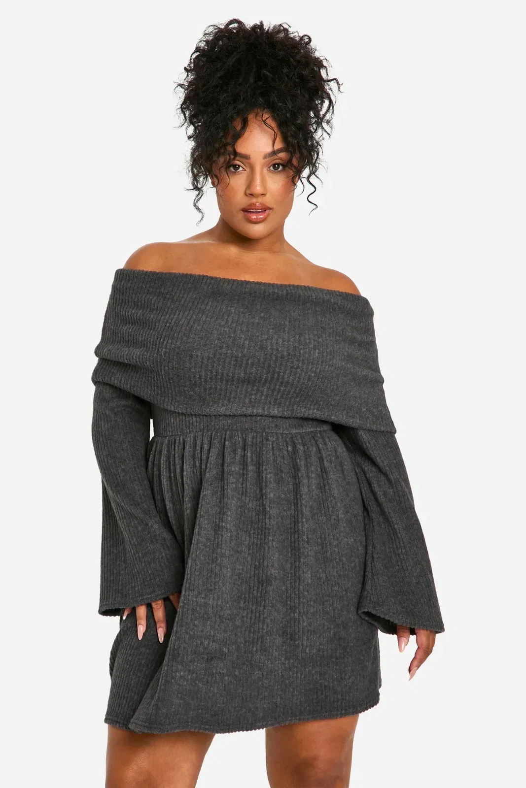 Plus Brushed Rib Off Shoulder Skater Dress